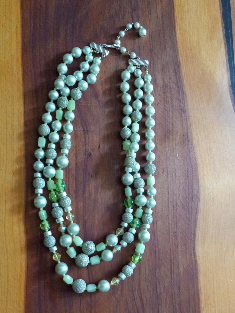 1950s Style Multi-Strand Green Glass & Faux Pearl Statement Necklace